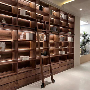 北美全黑胡桃满墙书架带灯日u式 实木格子架一体落地整体书整体橱