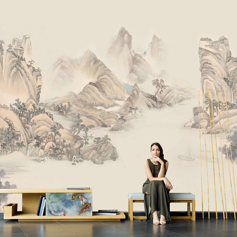 新中式轻奢禅意水墨山水s酒店民宿卧室会客厅背景墙墙布壁画定制