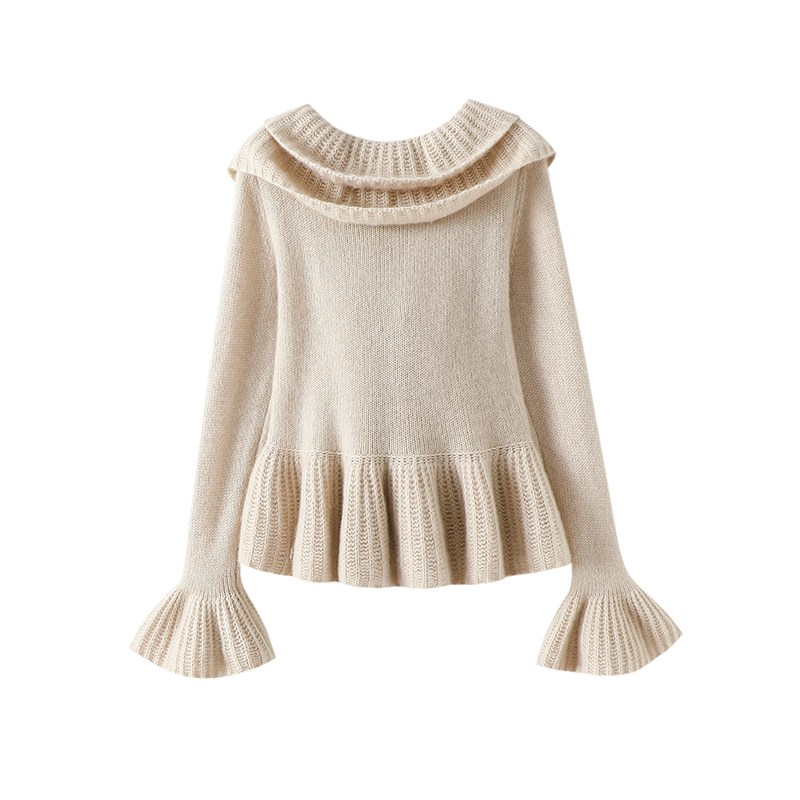 爱惨了!荷叶边大翻领加厚100%纯山羊绒开衫女喇叭袖毛衣针织开衫