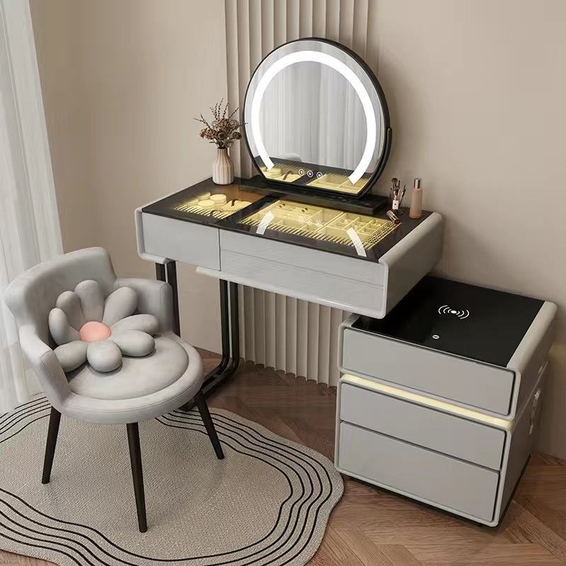 智能梳妆台实木奶油风玻璃小户床头D柜一体伸缩化妆台卧室现代简