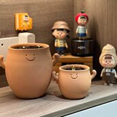 装 饰摆件情绪稳定原小花盆室内土粗陶陶瓷花瓶红陶家居微笑脸烧制