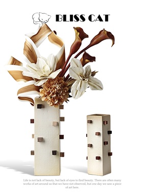 侘寂风日式方形几何积木黄色陶瓷花瓶样品屋展示M中心客厅玄关花