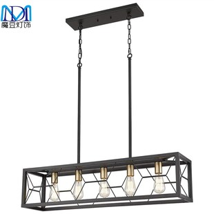 厨房岛5盏乡村风格线性农舍吊灯 工业金属矩O形悬挂灯具餐厅泳池
