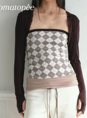 OTPé 格纹抹胸蕾丝深紫色针织长袖坎肩开衫两件套装