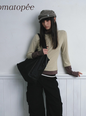 OTPé 天丝混纺半截拼接撞色双立领针织长袖假两件内搭打底女