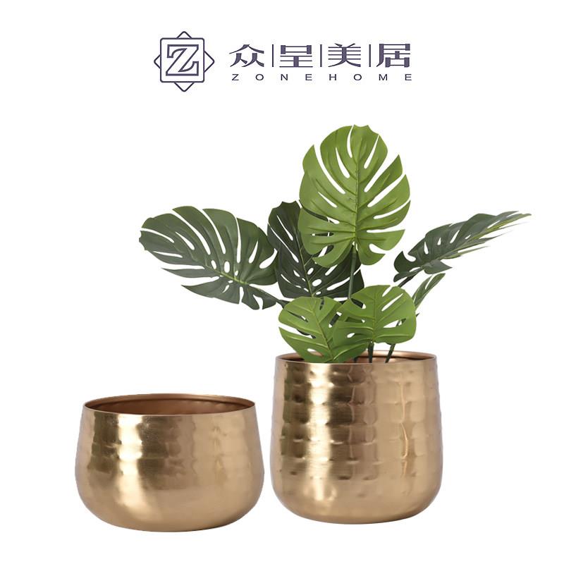 现代金色金属花盆意式新亚洲风格阳台花架摆件样板房玄关果盘花器