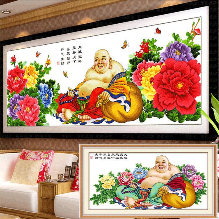 纯手工十字绣成品笑口常开佛像大肚弥勒佛笑佛装饰挂画已绣好的