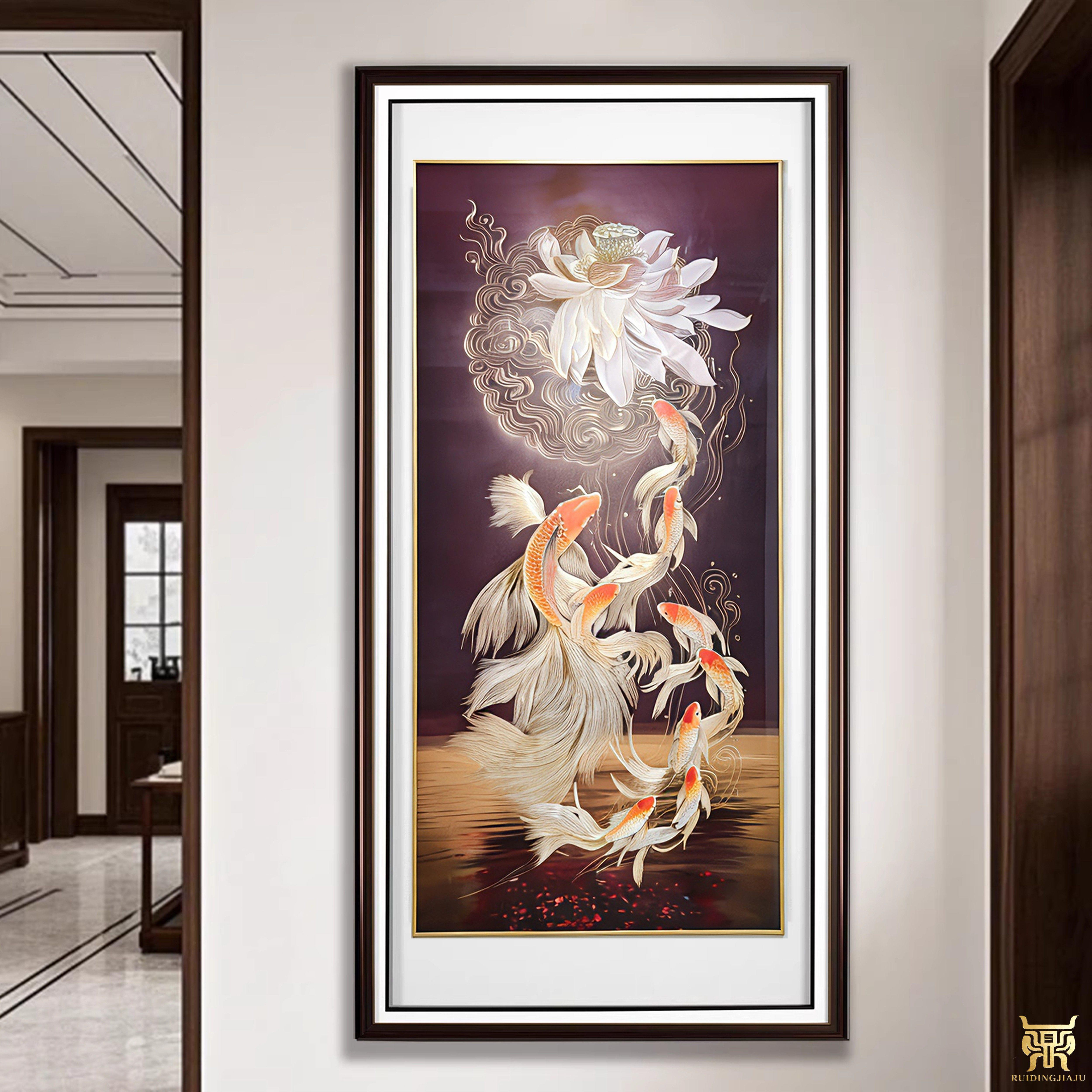 新品铜雕装饰画入户玄关手工雕刻铜镶玉客厅新中式竖版九鱼图挂画