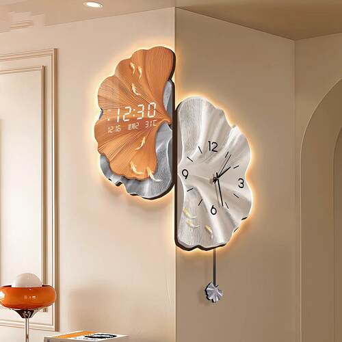 银杏叶拐角挂钟现代轻奢客厅万年历电子钟表2026新款双面转角时钟