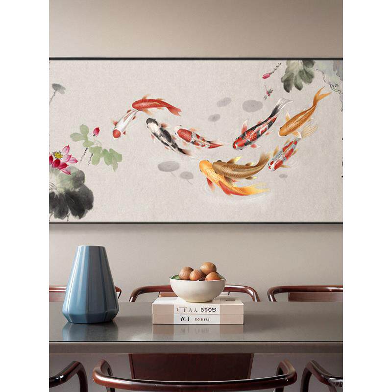 装饰画餐厅挂画壁画九鱼背景墙中式聚财横幅客厅沙发图新锦鲤招财