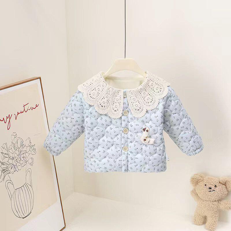 秋冬新款碎花可爱风加绒加厚款棉服婴幼儿韩版女宝软萌蕾丝边棉衣