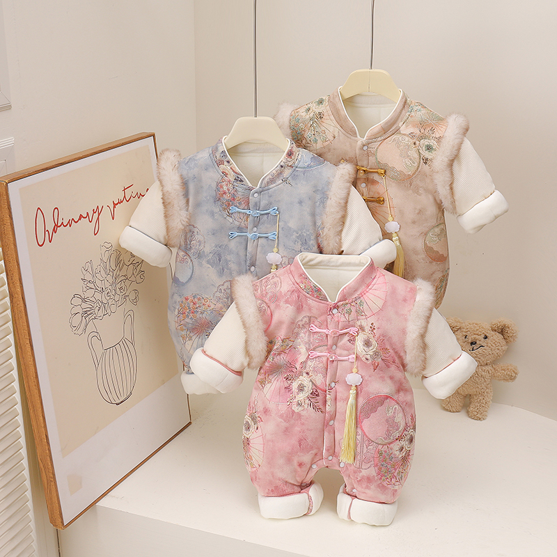 婴儿连体衣秋冬季宝宝满月国风哈衣周岁礼服加厚冬装衣服外出爬服