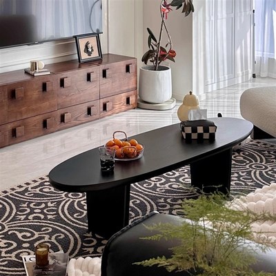 北欧实木茶几客厅家用小户型y现代简约异椭圆形侘寂风黑色桌子名