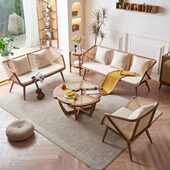 双三人位北欧侘寂实木直排民宿藤编小户型简约现代风布艺沙发客厅