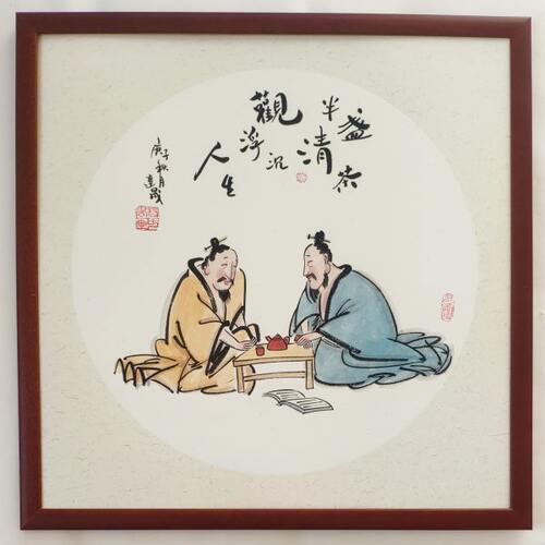 纯手工绘制新中式国画写意人物品茗图已经装裱配实木框 52乘52