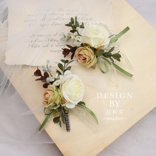 新款 白绿玫瑰森系叶u子商务活动胸花结婚新郎伴娘姐妹团手花 原创