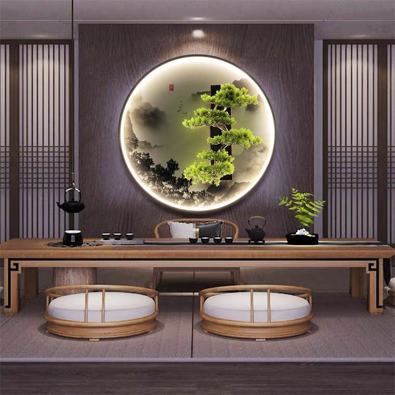 新中式中国风带灯立体圆s形山水装饰壁画客厅玄关走廊过道入户挂