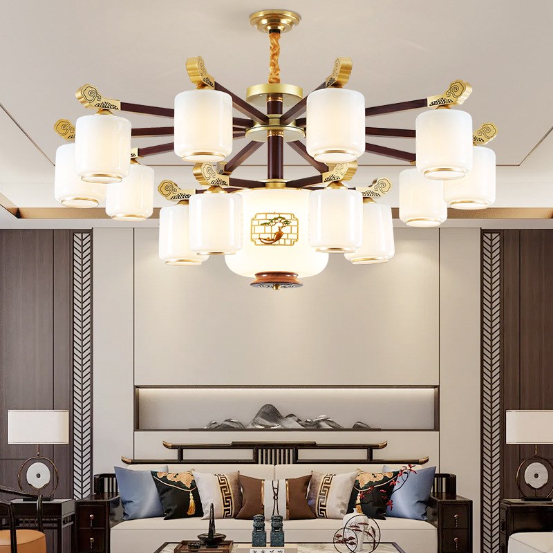 新中式别墅d客厅中空大吊灯新款复式楼中楼挑空跃层大厅楼梯长吊