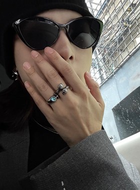 SAZ 复古暗黑酷冷淡风灵蛇巳蛇A月光石十字花星星情侣戒指女男指