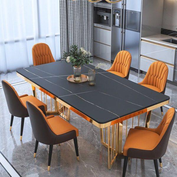 大理石现代简约轻奢餐桌椅组合长方形岩板家用小户型高端镀金饭桌