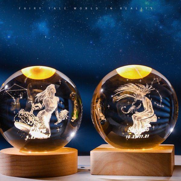 十二星座发光水晶球内雕小夜灯白羊座生日礼物实木底座创意小摆件