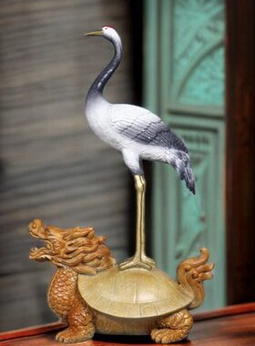 古玩收藏纯铜彩铜乌龟仙鹤龟鹤铜器工艺品家居办公室贺寿礼品摆件