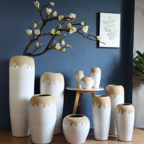 落地大花瓶现代简约客厅插花花器白色粗陶陶罐家居装饰品陶瓷摆件
