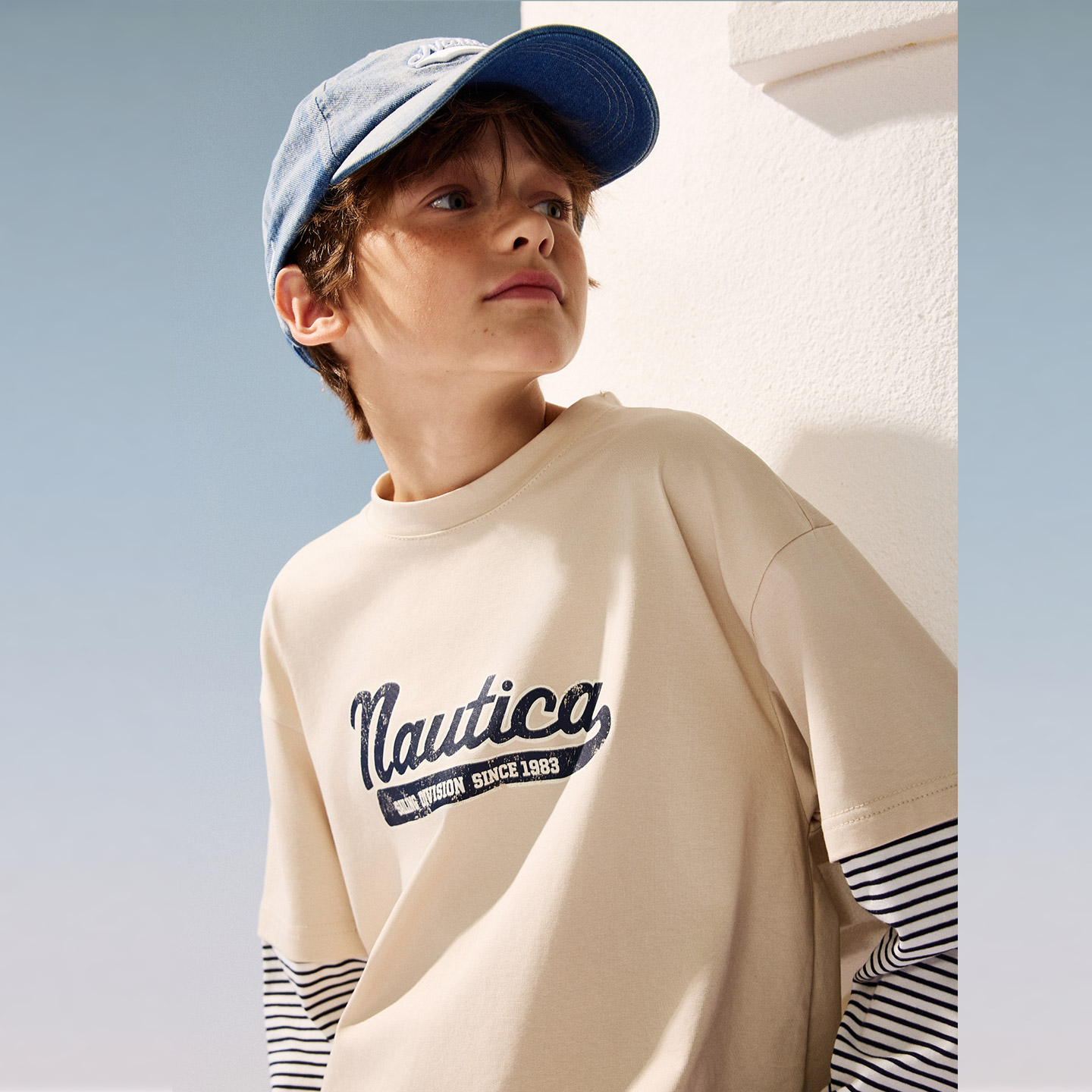 NAUTICA/诺帝卡童装男女童秋季新款长袖T恤儿童学院风假两件上衣