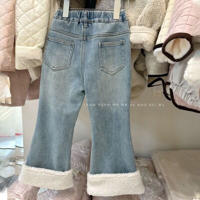 女童加绒牛仔裤喇叭裤中大童羊羔绒直筒裤秋冬韩版加厚卷边长裤子