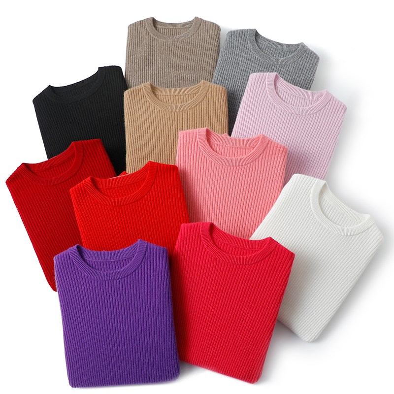 敲多色古典式优雅100%山羊绒衫喇叭袖坑条沙漏型修身针织上衣