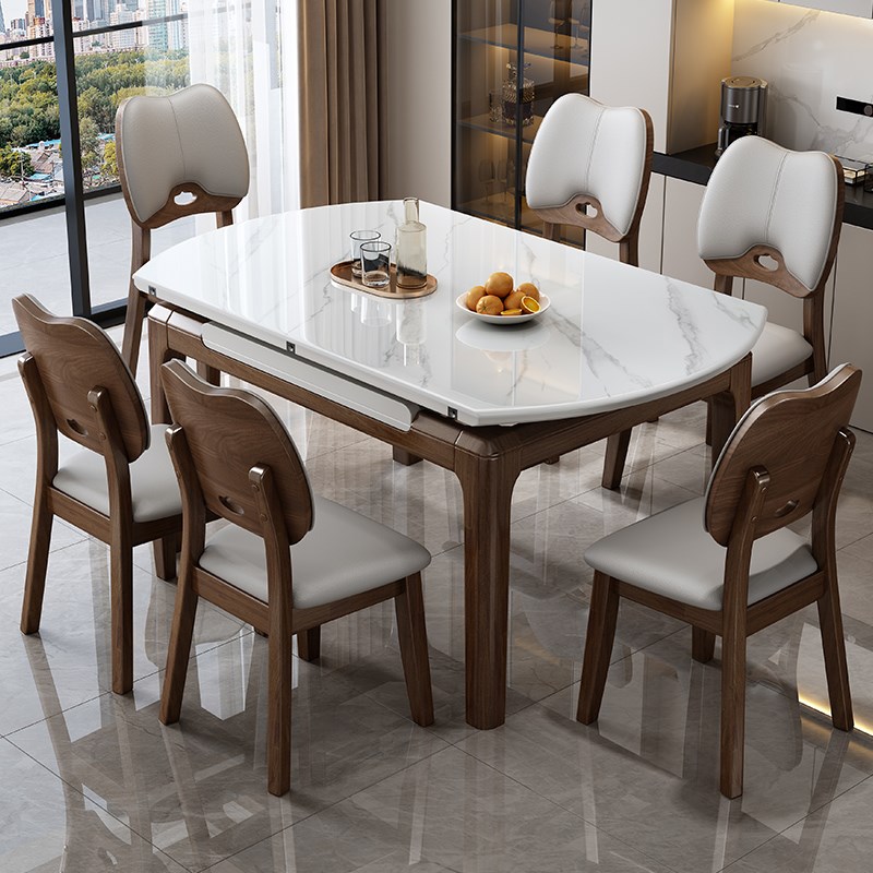 岩板实木餐桌椅组合家用方圆两A用可伸缩折叠圆桌现代简约吃饭桌