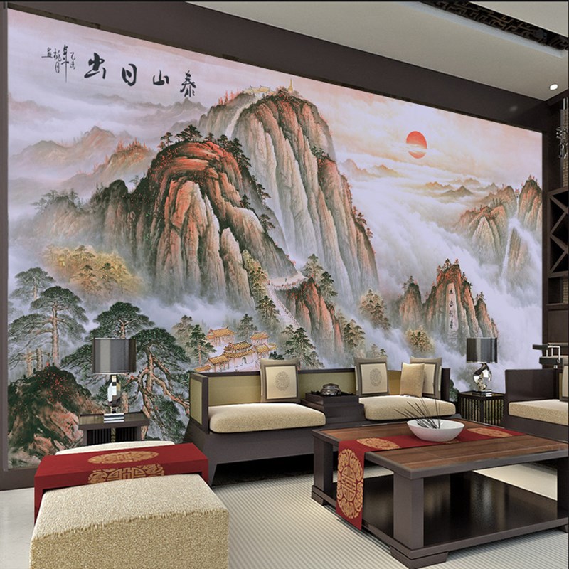 泰山日出靠山图大k型壁画有山无水左山客厅电视沙发背景墙纸墙布3
