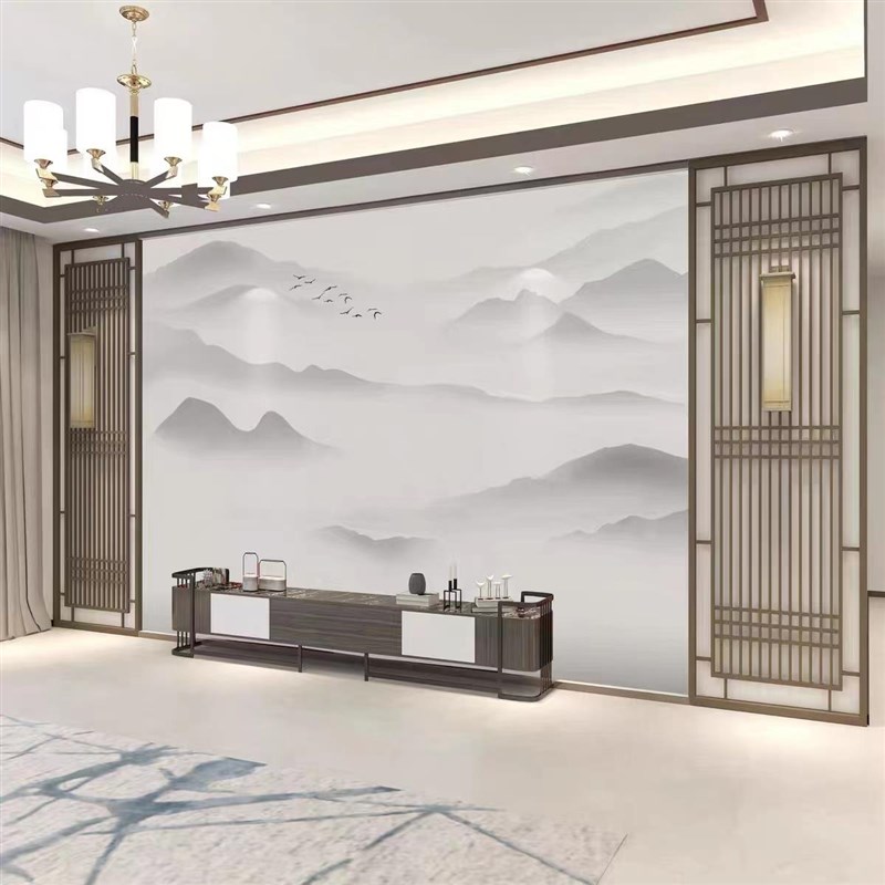 速发定制电视背景墙壁画2023年新款山水卧室墙纸S中式壁布客厅沙