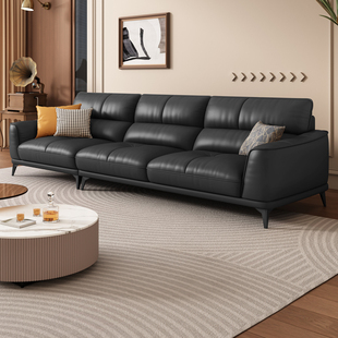 意式 真皮沙发g头层牛皮客厅简约现代小户型三人位直排黑色皮艺沙
