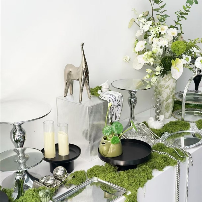 银色透明甜品台展m示架摆台摆件茶歇展示架开业活动摆台