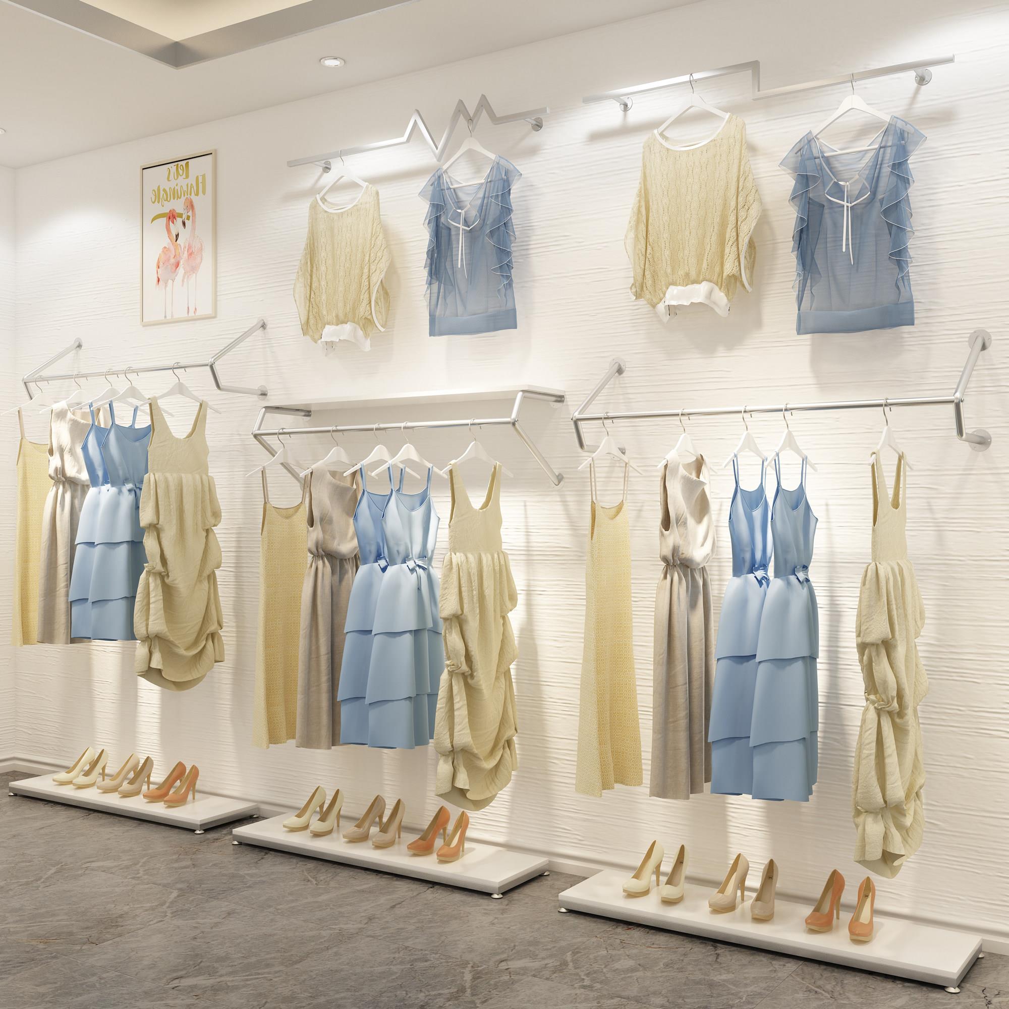 韩式银色服装店展示架衣架上墙正挂侧挂组合铁艺壁挂式陈列货架