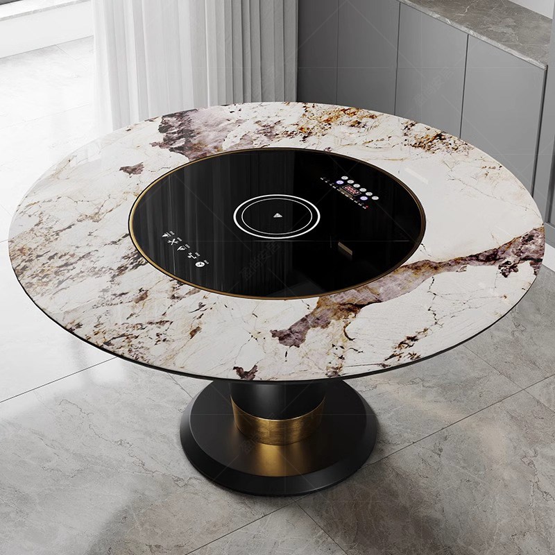 进口岩板餐d桌圆形家用意式轻奢带电磁炉内嵌保温转盘火锅功能一
