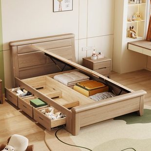 省空间单人床高箱储物床1米全实木.1小户型35加厚2纯实木床儿童床