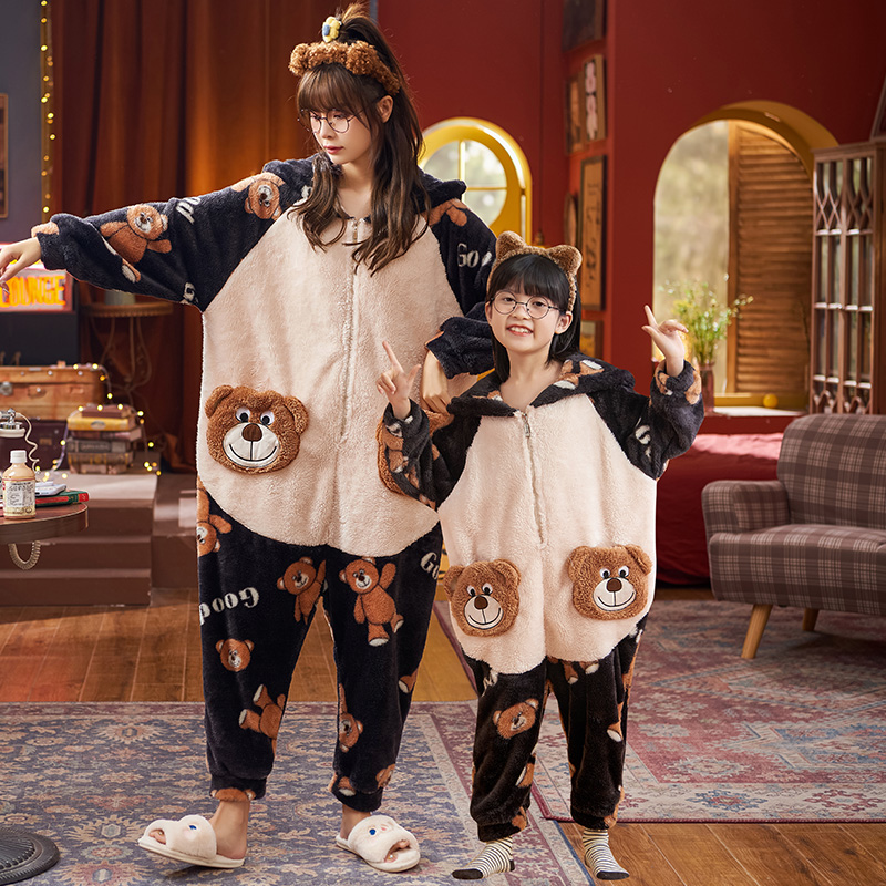 母女亲子装连体睡衣卡通可爱冬季珊瑚绒法兰绒加厚加绒.保暖家居
