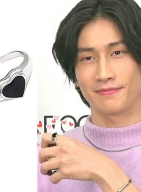 黑色基底心开口B帮少爷爱e戒指bl925银上同款男女i爱黑环圈潮柏博