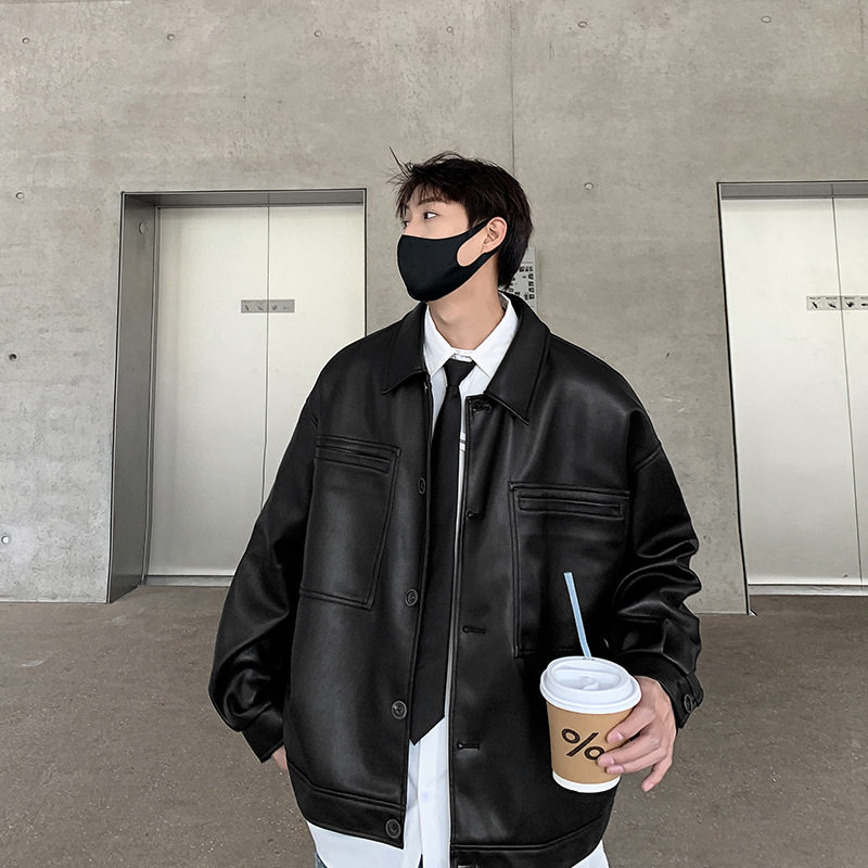 复古黑色短款PU皮衣男款外套春秋季高级感休闲翻领机车服炸街夹克