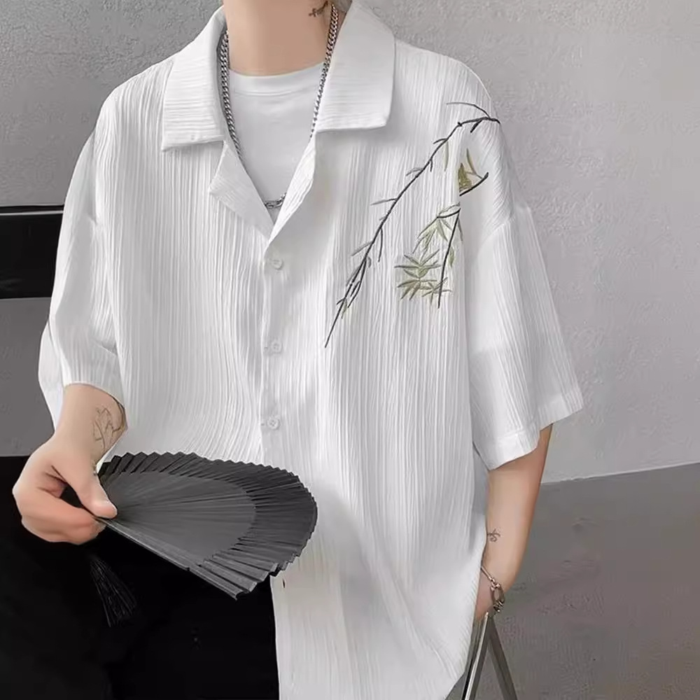 冰丝古巴领白衬衫短袖男夏竹叶