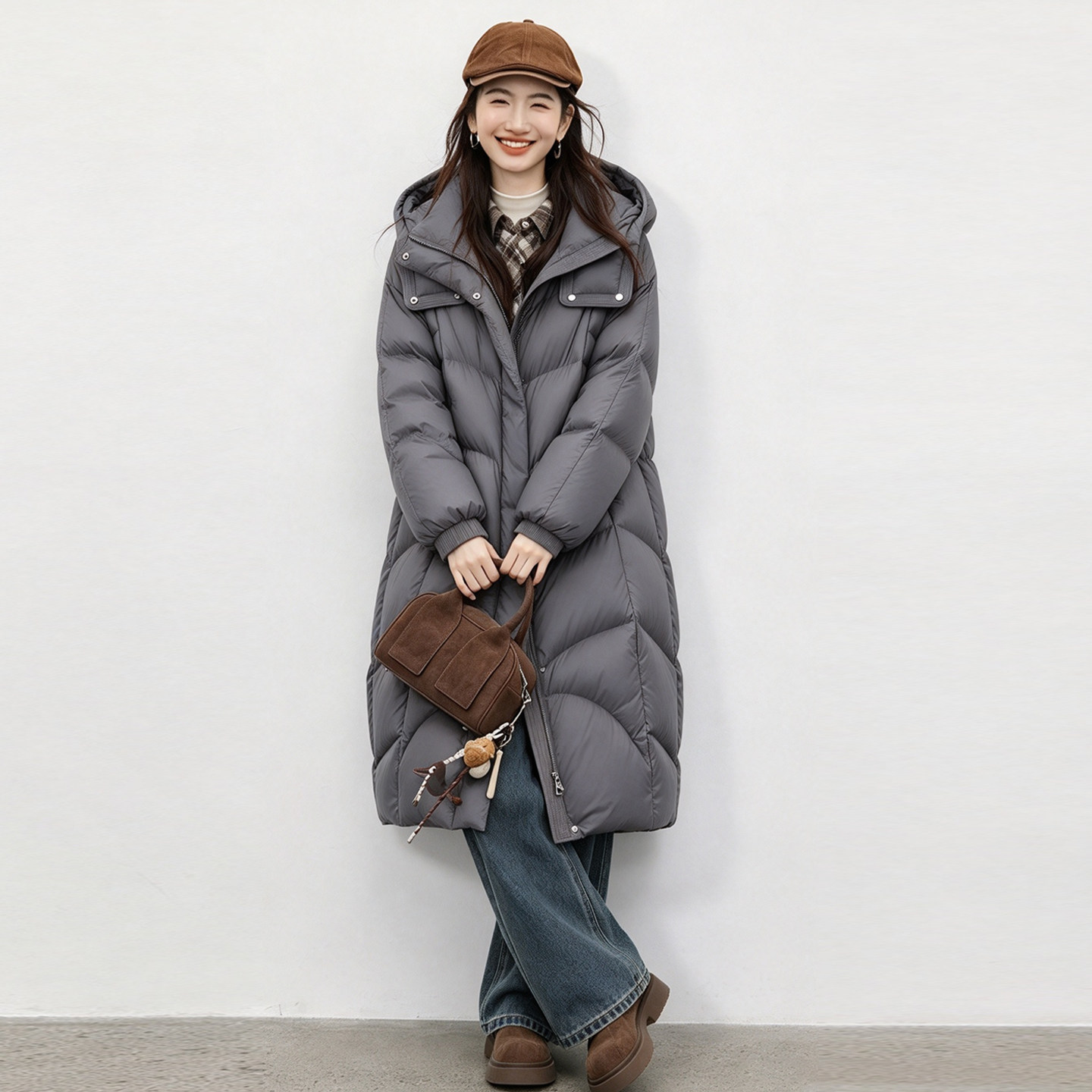 吉米赛欧女连帽长款显瘦羽绒服