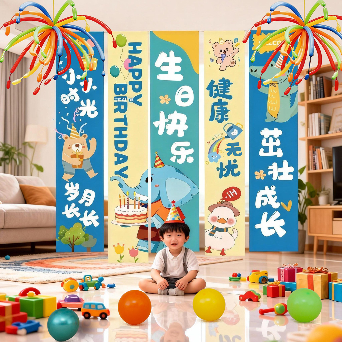 卡通动物主题生日场景布置装饰气球流苏挂布条幅男孩女孩快乐派对