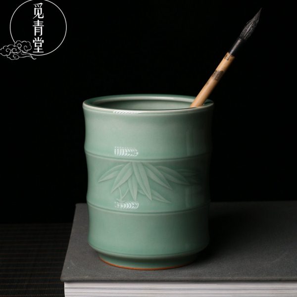 陈昌房节竹笔架节庆礼品创意文手工收纳名用品龙泉青瓷笔筒家发全