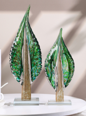 现代轻奢琉璃树叶摆件电视柜酒y柜玄关家居饰品玻璃客厅装饰工艺