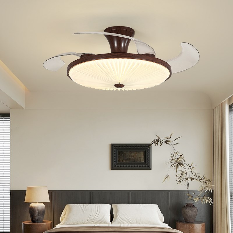 隐形风扇灯复古木纹新款百褶中古风静音餐厅卧室灯电扇一体吸顶灯