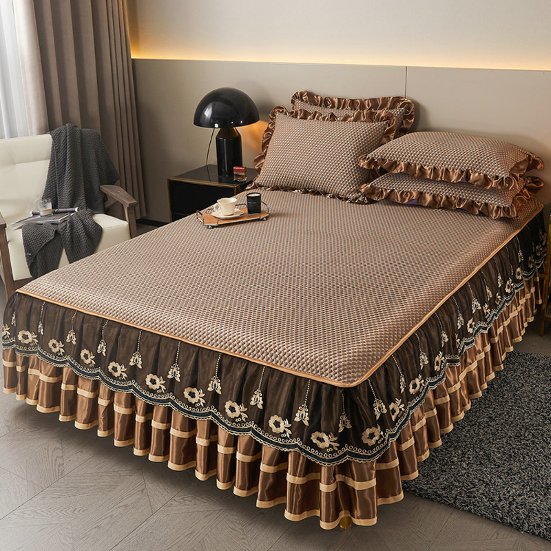 夏季欧式高端凉感豆豆席床裙款蕾丝边可机洗折叠冰丝床罩空调软席