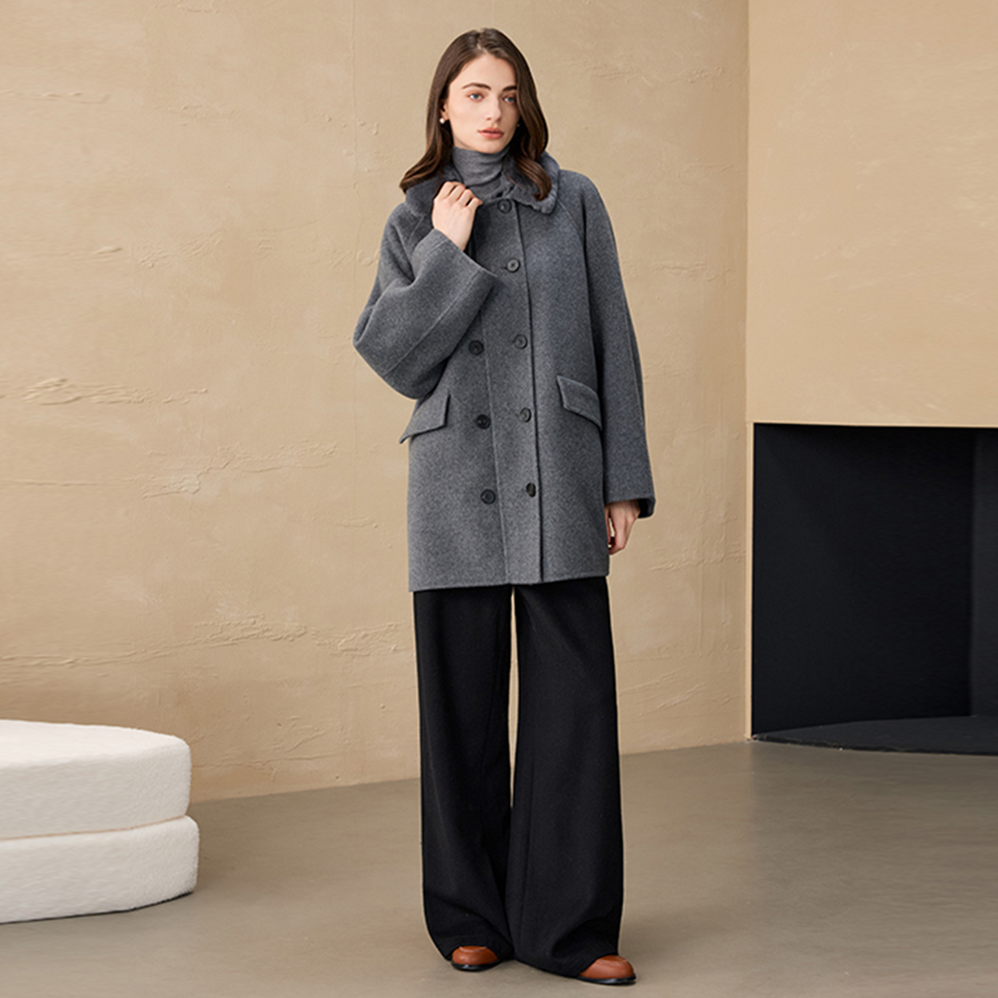 桐乡合盈双面呢羊毛大衣短款