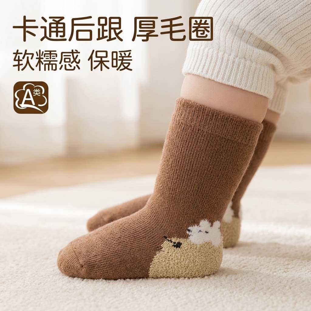 婴儿秋冬加厚毛圈抗菌卡通中筒